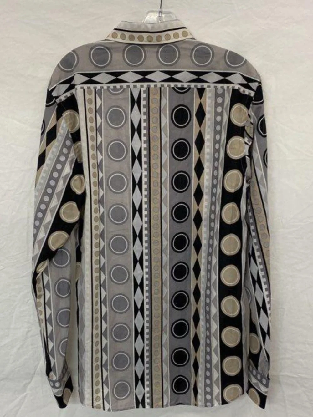 GUCCI Striped Geometric Print Button-Up Shirt in Black, Gray & Cream